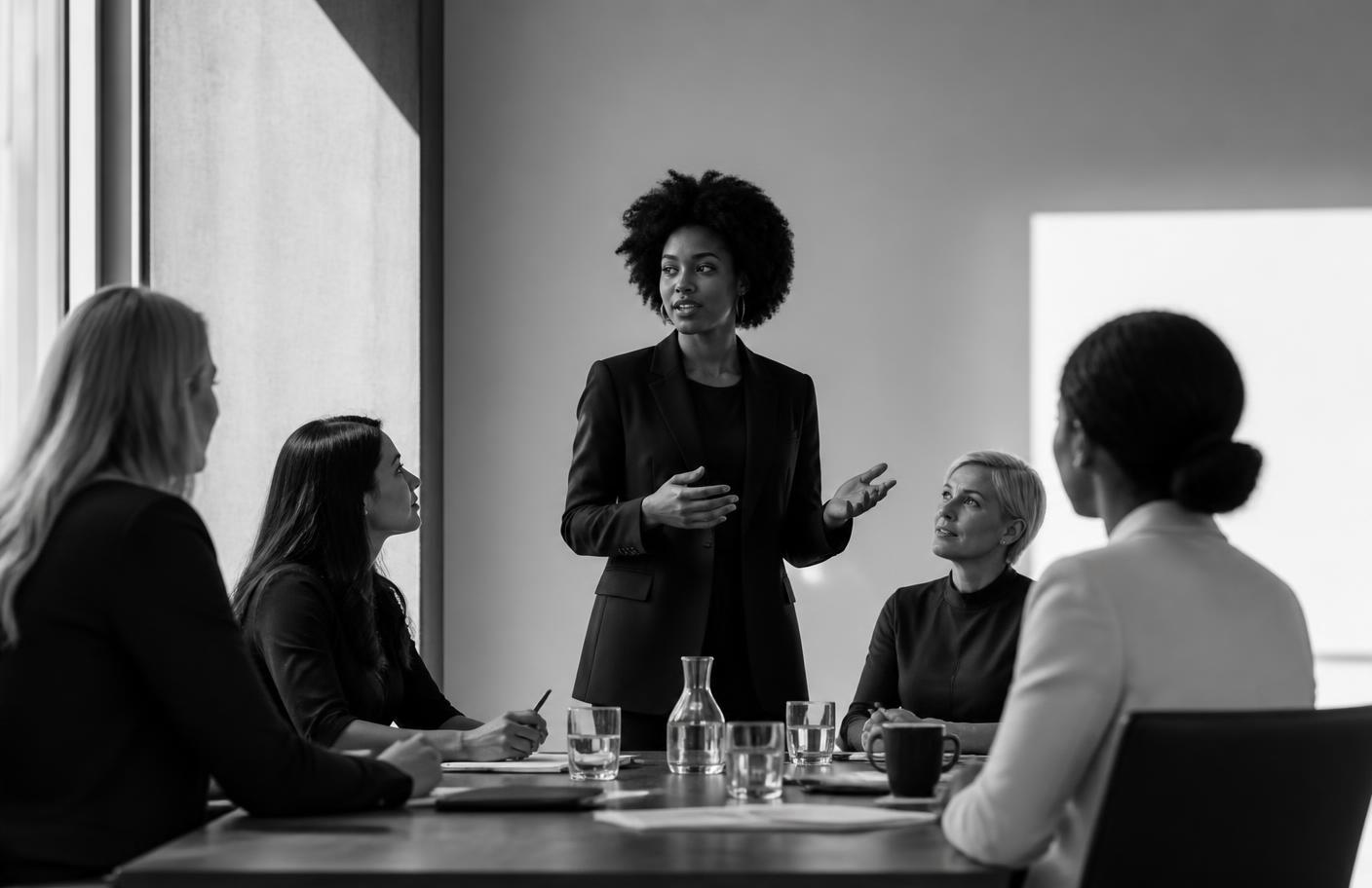 A leader presenting to a boardroom of colleagues