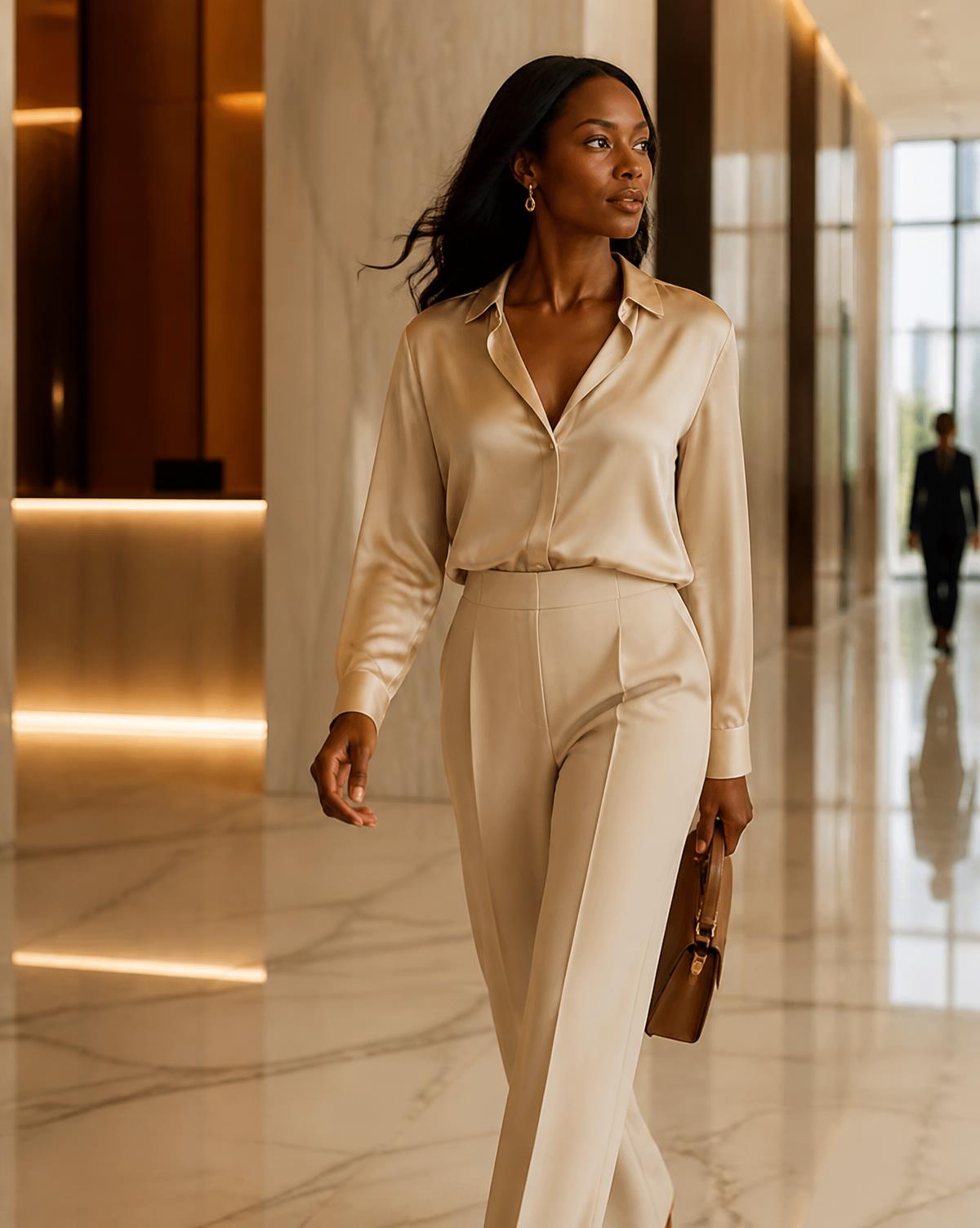 A woman walking through a marble corporate lobby with composure